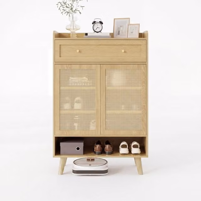 Mobile scarpiera in stile scandinavo con 2 ante, 1 cassetto e vano aperto, finitura rovere chiaro opaco, L: 80 cm, H: 105 cm, P: 35 cm