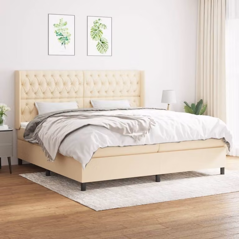 The Living Store Letto a molle con materasso crema 200x200 cm in tessuto