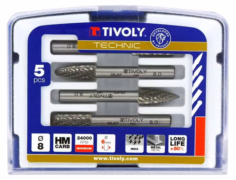 Set di frese in metallo duro, 5 pezzi, 8 mm, attacco 6 mm, colore grigio