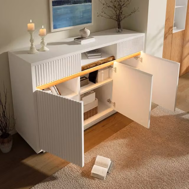 Cassettiera Bianca con LED ¨C MINIMAL ¨C 2 Cassetti, 3 Ante, 140x40x85 cm