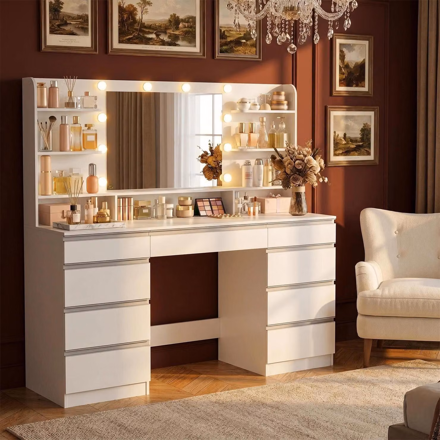 Comò bianco da 108 cm - Con grande specchio - 6 cassetti e vani a giorno - Design minimalista e moderno - Mobile per la camera da letto
