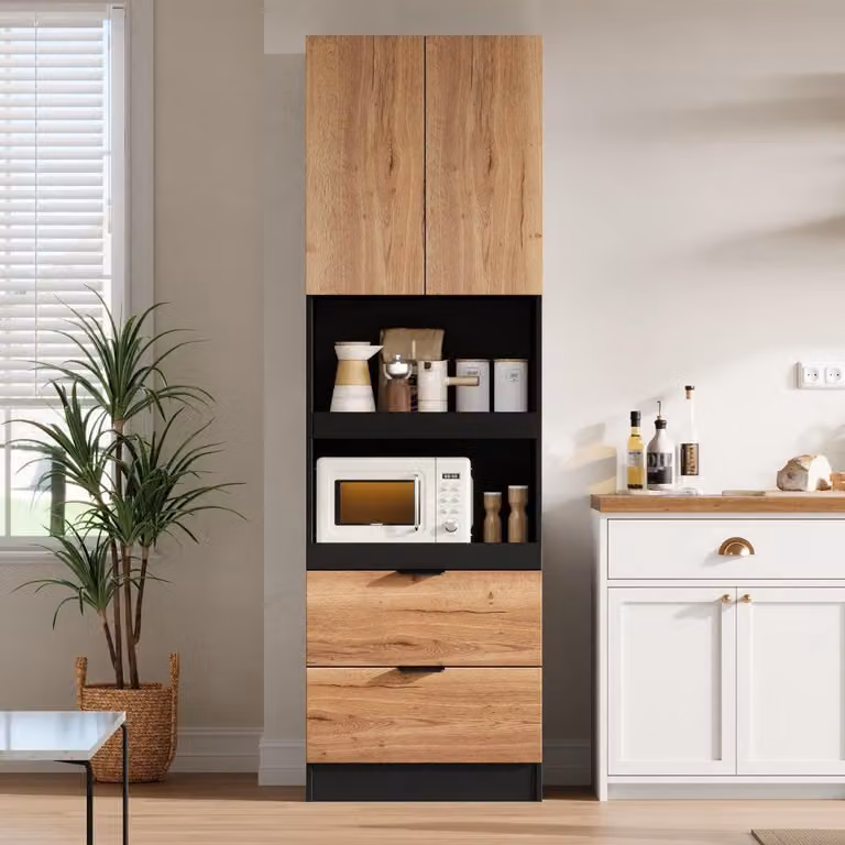 Armadi da cucina alti 200 cm, armadi contenitori con ante e cassetti, armadio alto con sistema di sicurezza anticaduta, dimensioni 59,5 x 45 x 200 cm, colore nero