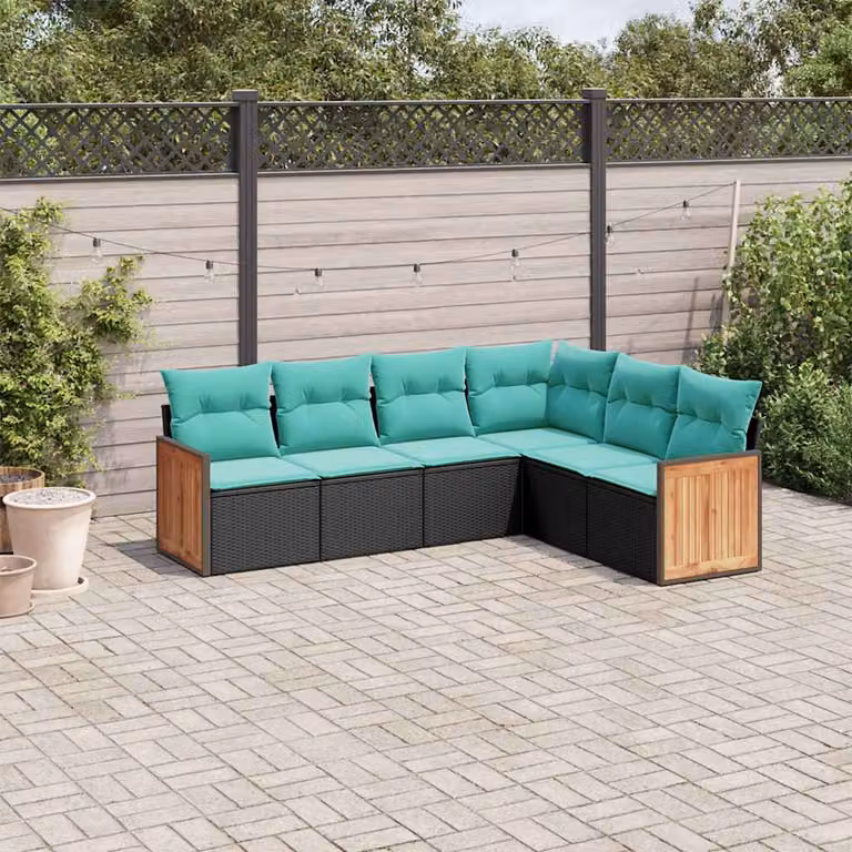 Set di divani da giardino vidaXL in polyrattan nero con cuscini, composizione a L per 6 persone