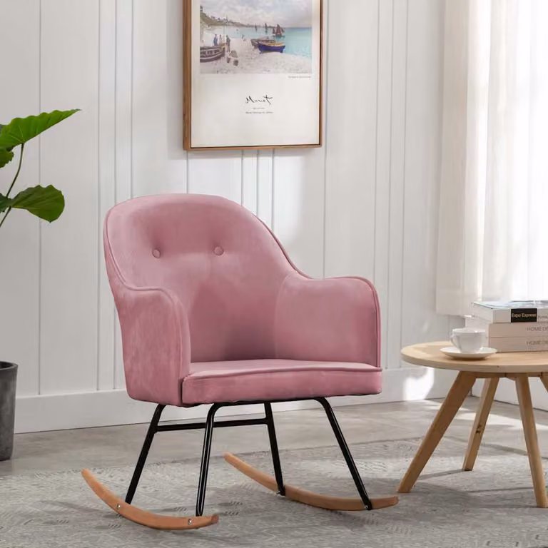 Sedia a dondolo vidaXL in velluto rosa con struttura in legno di faggio e metallo per soggiorno o giardino