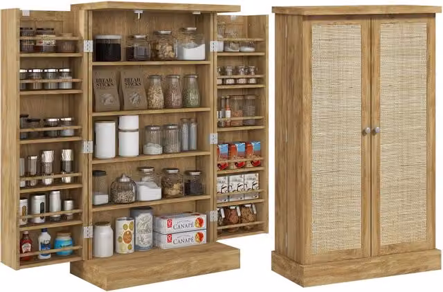 Armadio da cucina Minimal con ripiani in legno e rattan marrone L/P/H: 60 x 30 x 104 cm – 1