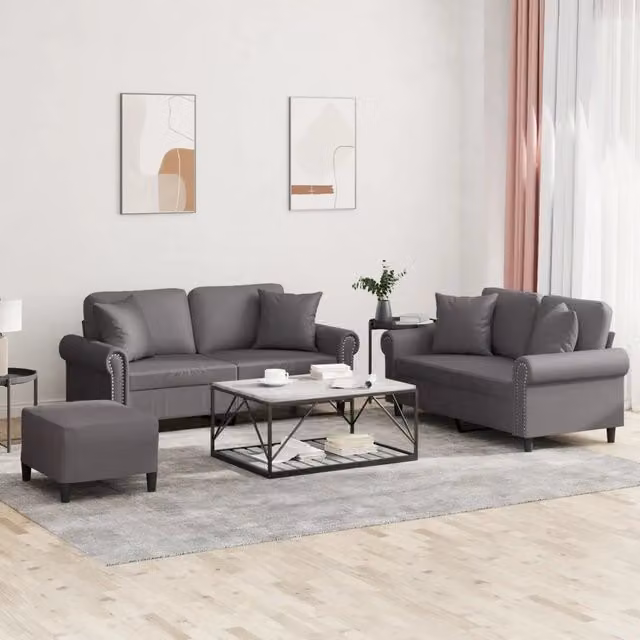Set di divani 3 pezzi vidaXL in similpelle grigia con cuscini per soggiorno in stile moderno
