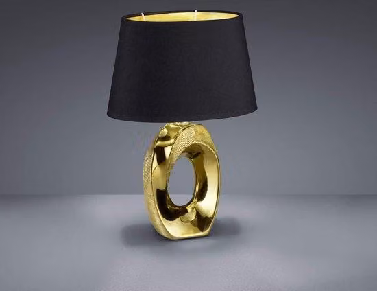 Lampada da tavolo LED elegante, con base in Vetroceramica e paralume in tessuto nero – ideale come lampada da comodino
