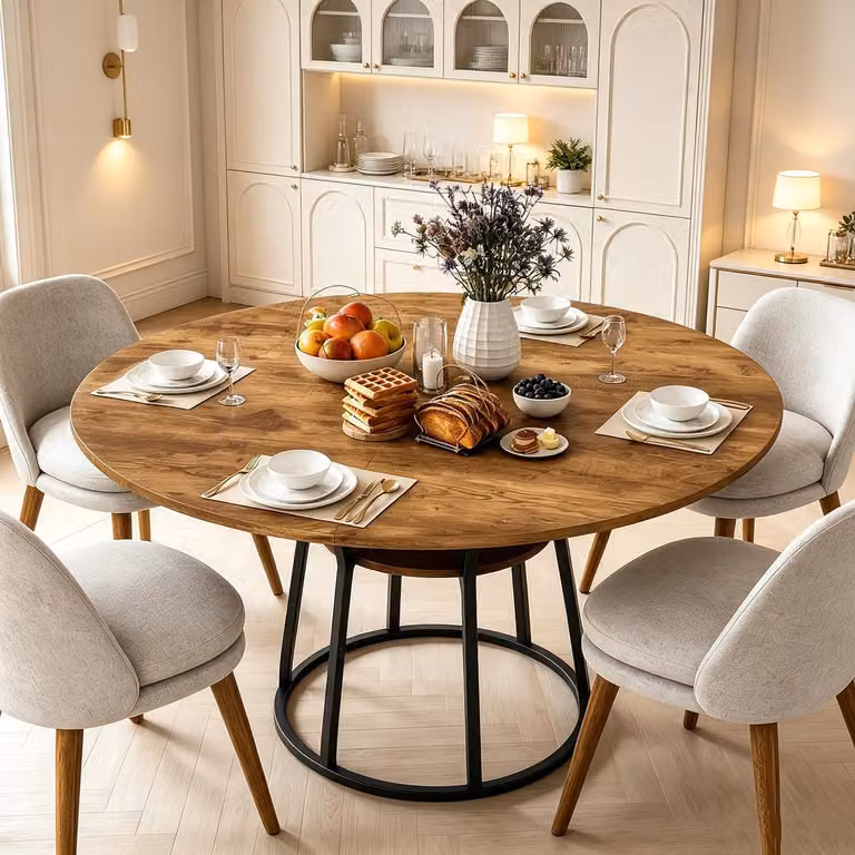 INONEFT, tavolo da pranzo rotondo, diametro 120 cm, per 4-6 persone, tavolo da pranzo con piano in legno e gambe in metallo, colore tigrato e nero