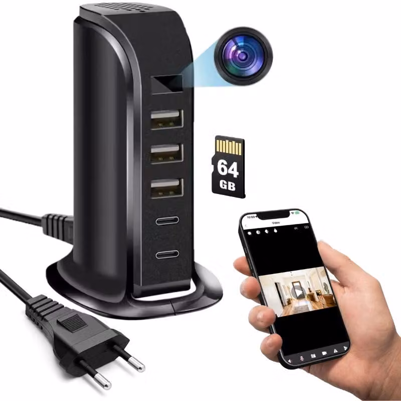 Mini Telecamera Wi-Fi iUni IP91, Full HD, 64GB, Stazione di Ricarica, 2 porte Type-C, 3 porte USB-A, 20W