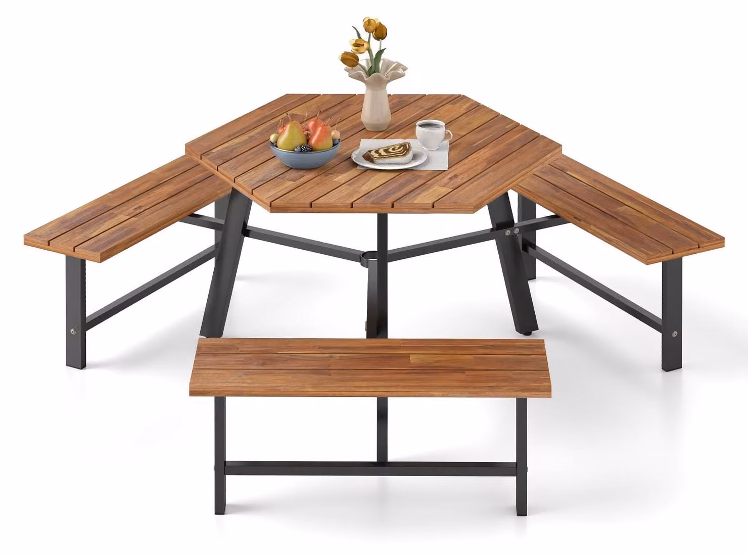 Set da picnic in legno di acacia per 6 persone con foro per ombrellone