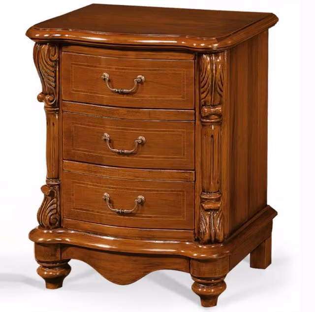 Comodino in legno di noce con 3 cassetti, intarsi e intagli, Mobili 2G, L: 57 cm, P: 38 cm, H: 72 cm