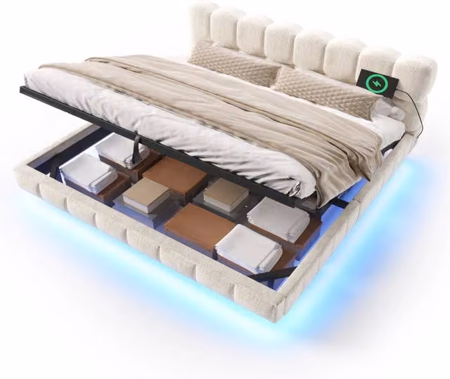 Letto matrimoniale 180×200 cm 2 posti con contenitore idraulico, LED regolabile, USB e Type-C, senza materasso, beige