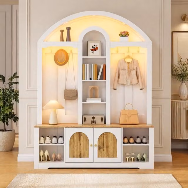 Guardaroba da angolo moderno per ingresso e camera con ante, ripiani, ganci e illuminazione integrata, bianco e marrone, L: 150 cm, P: 40 cm, H: 195 cm