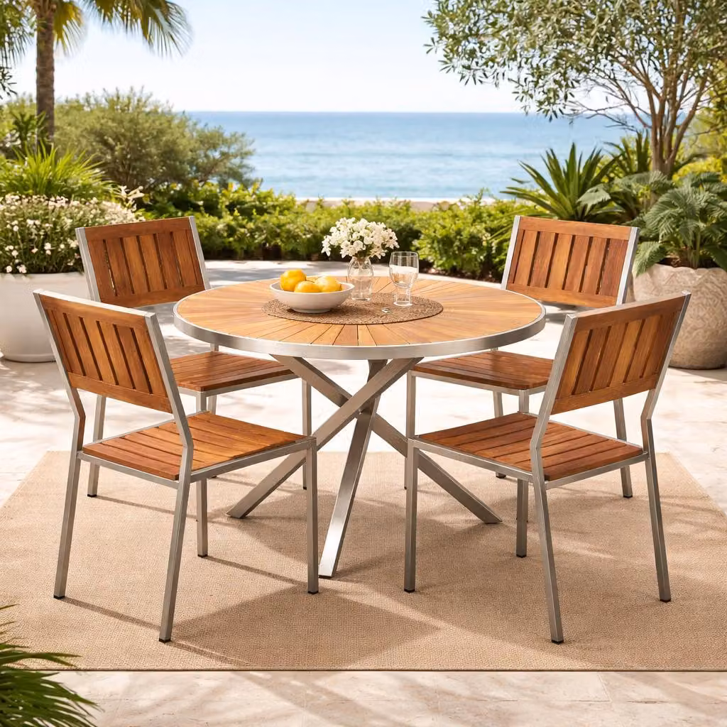 4 Stühle Cantene + Tisch Alserio 80 cm Edelstahl