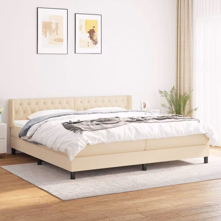 The Living Store Letto a molle con materasso crema 200x200 cm in tessuto