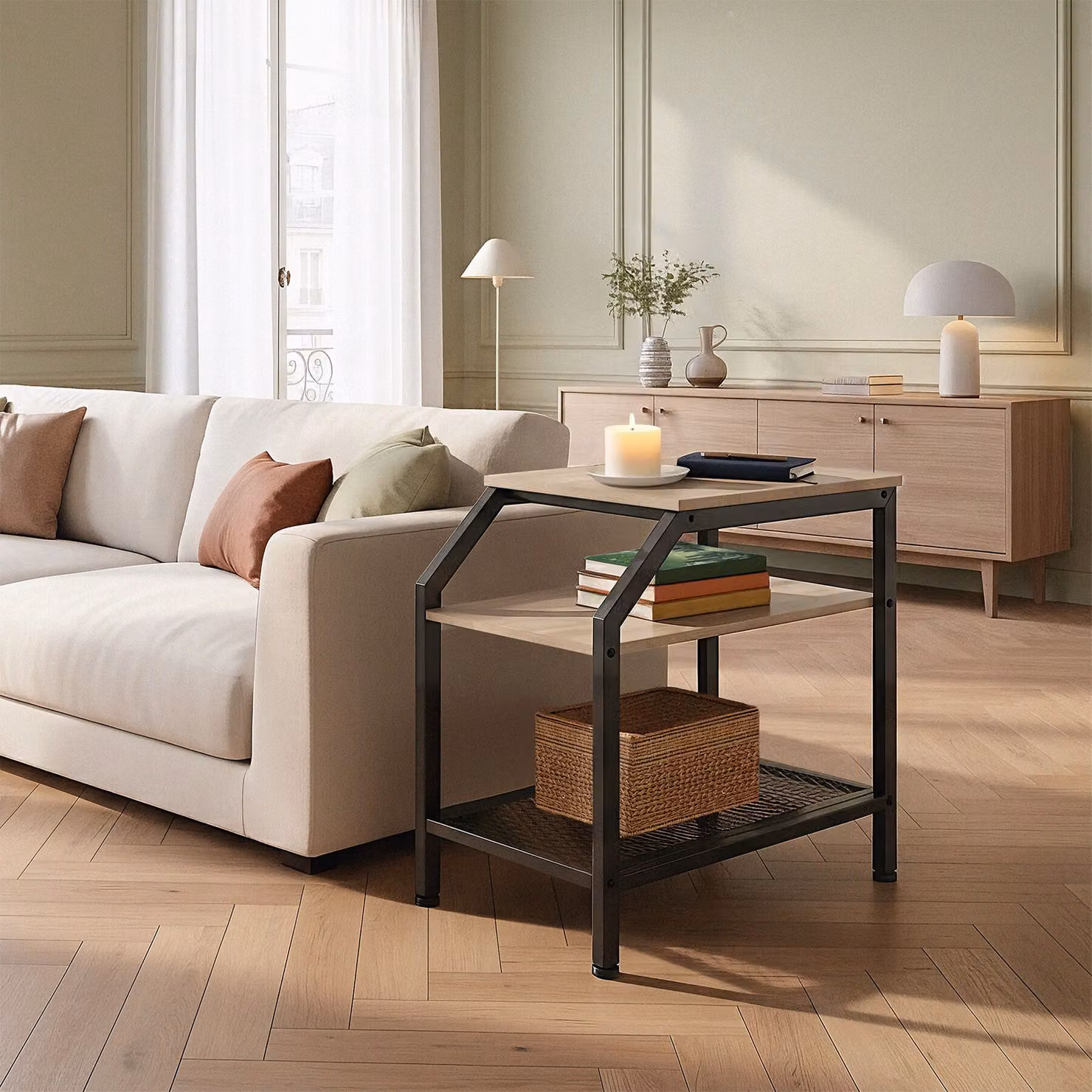 Tavolino Industriale tectake in Legno Rovere e Metallo, Colore Beige e Marrone, L/P/H: 58,5 x 36,5 x 59,5 cm – 2