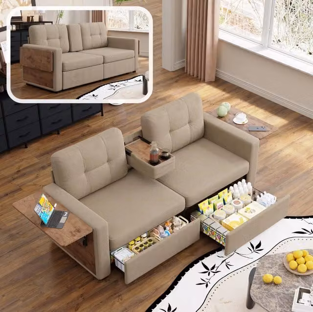 Divano 2 Posti in Chenille 178x71x57;5 cm con Tavolini Regolabili; Cassetti e Portabicchieri Khaki per Soggiorno