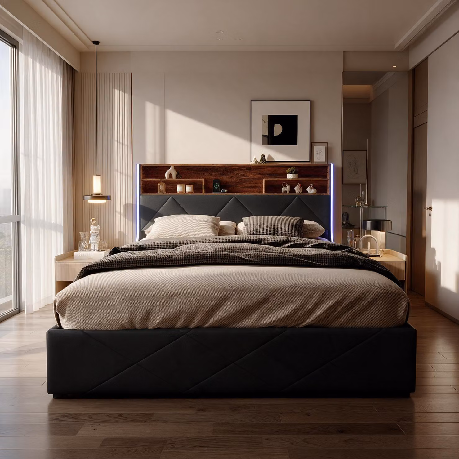 Letto singolo INONEFT, imbottito, 160x200 cm, con illuminazione LED, letto con sistema di sollevamento idraulico e spazio contenitore, testiera con spazio contenitore e prese USB, rivestimento inPoliuretanonero
