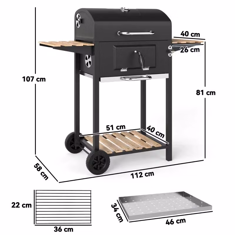 Barbecue a carbone REDOM in acciaio inossidabile nero con coperchio, termometro e ripiani laterali L/P/H: 112 x 58 x 107 cm – 2