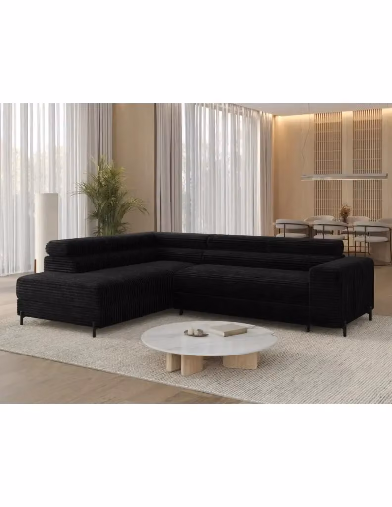 Divano angolare convertibile COLESIA MEUBLORAMA nero in velluto a coste con funzione letto e poggiatesta regolabile, lato sinistro, L 274 cm x P 200 cm – 2