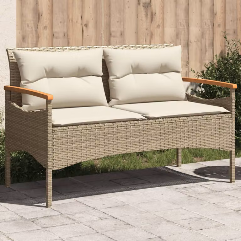 Panchina da giardino moderna vidaXL in rattan e legno di acacia con cuscini beige L: 116 cm, P: 62,5 cm, H: 74 cm