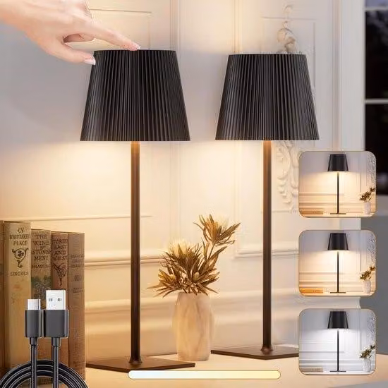 Lampada da tavolo a LED, senza fili, dimmerabile, LED touch a batteria, 3 temperature di colore, IP54, 4800 mAh, adatta per interni ed esterni, ricaricabile, USB-C in metallo, nera, confezione da 2 pezzi