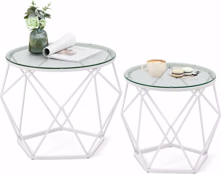 Tavolini Rotondi, Set Di 2 Tavolini, Stile Moderno, Piano Rimovibile, Struttura In Acciaio, Per Il Soggiorno, Trasparente E C