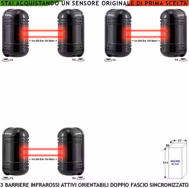 Set di 3 sensori barriera a doppio raggio infrarosso attivo Securvera, orientabile, nero, per antifurto con portata fino a 200 m interno e 100 m esterno, collegamento filare 12V