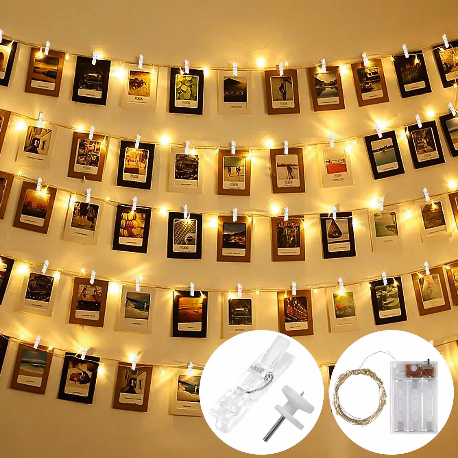 Catena luminosa a LED con clip, lunghezza 5 metri, 50 LED, 30 clip, luce bianco caldo