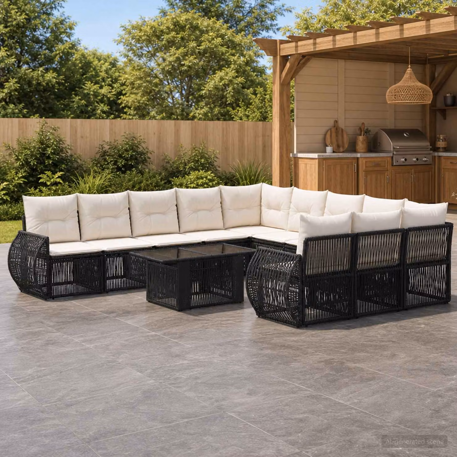 Set Divano da Giardino vidaXL in Polyrattan a Forma di U con Tavolino, Colore Nero e Bianco Crema