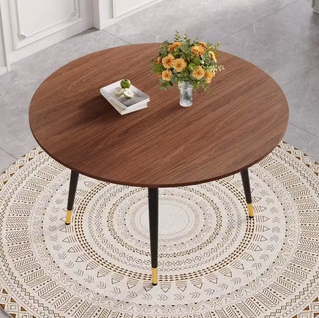 Tavolo da Pranzo Allungabile Moderno in MDF Nero/Noce con Gambe in Metallo Dorato, Forma Rotonda e Ovale