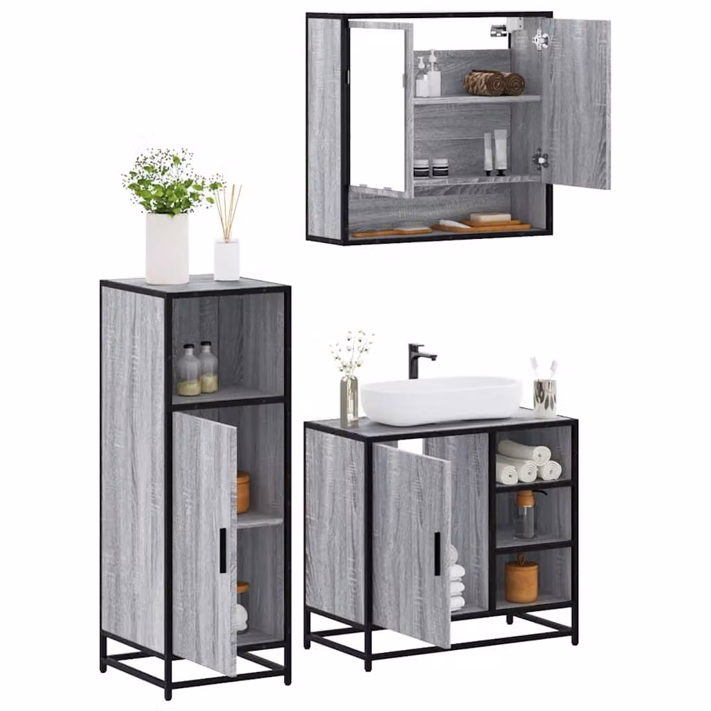 Set Mobili da Bagno Industrial vidaXL in Legno e Metallo Grigio con Armadietto Specchio e Mobile Lavabo