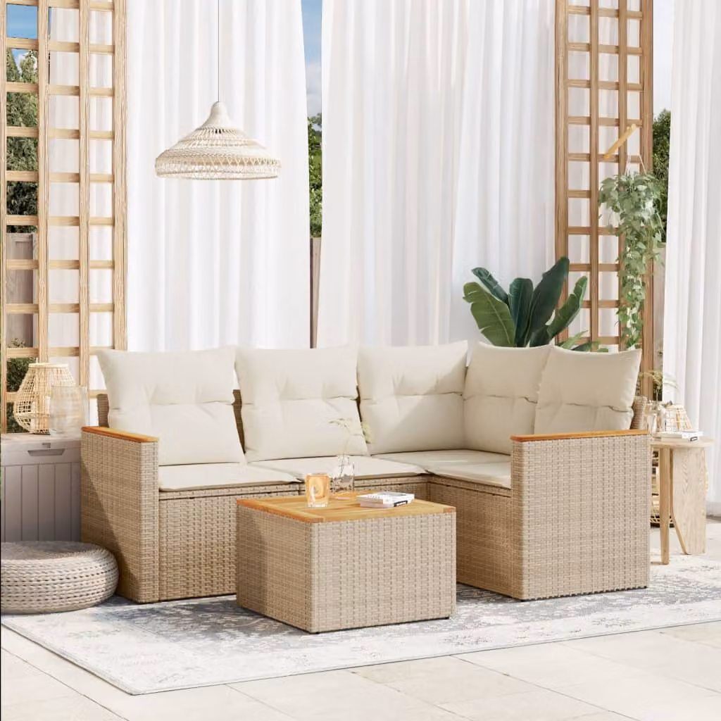 vidaXL Set Divano da Giardino a L 5 pz con Cuscini Beige e Tavolino in Polyrattan e Acciaio