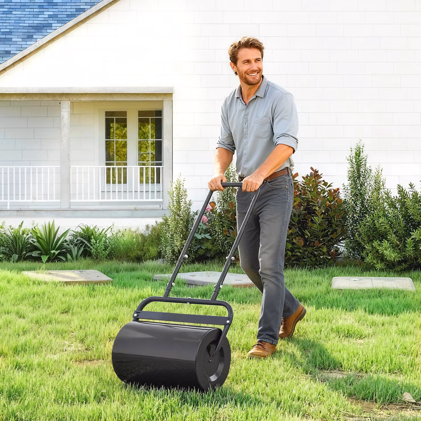 Rullo da giardino in metallo Aosom nero con serbatoio da 38 litri, H 107 x L 59 x P 32.5 cm – 2