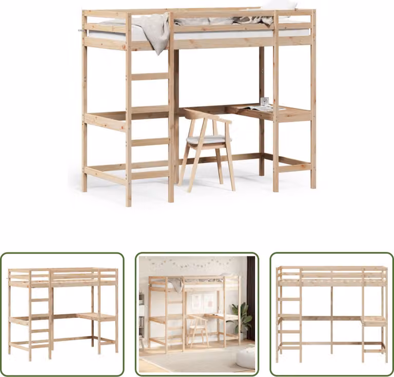 The Living Store Letto a soppalco con scrivania 100x200 cm in legno di pino massiccio