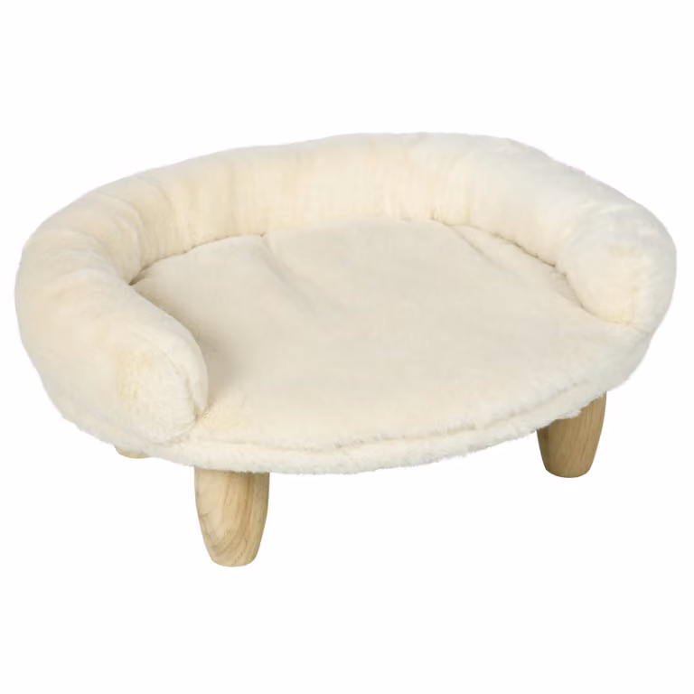 Fortuna Lai Comodo divano per animali domestici Design rialzato Divano per cani Divano per gatti Flanella Crema 47x40x20 cm con gambe in legno per animali domestici