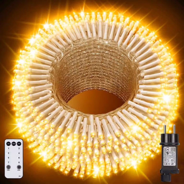Catena luminosa da 100 metri, con 800 LED, luce bianco caldo, grado di protezione IP44, 8 modalità, timer