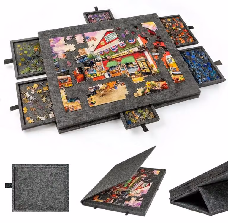 Omgoods - Tavolo pieghevole per puzzle con coperchio, adatto per puzzle da 1000 pezzi, realizzato in feltro leggero e dotato di 6 vassoi per la separazione dei pezzi