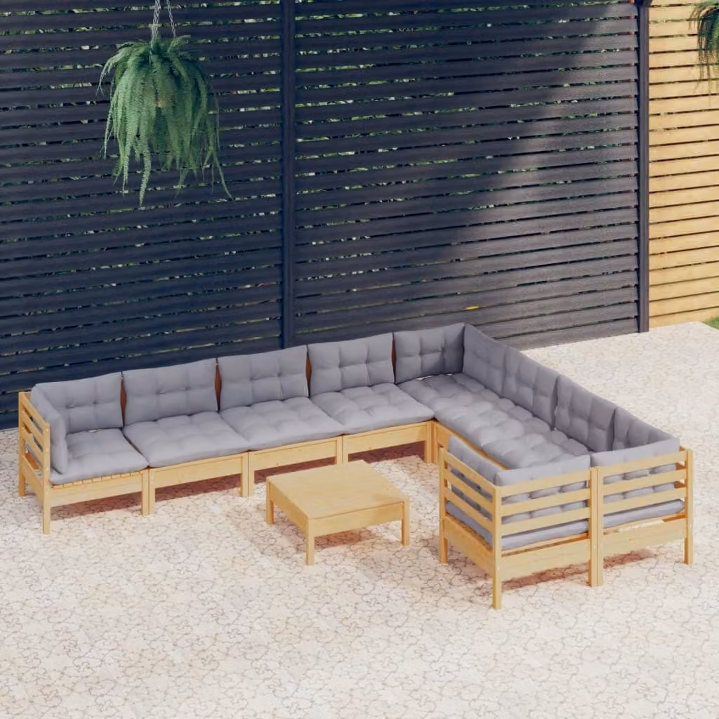 The Living Store Set da giardino da 10 pezzi con cuscini grigi in legno di pino