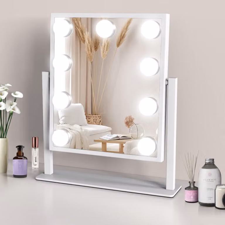 Specchio da trucco con illuminazione a LED, 3 tonalità di luce, 9 lampade, rotazione a 360°