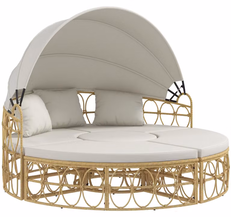 Sonneninsel, 4 pezzi, tettuccio estensibile, 5 cuscini, effetto rattan, 178L x 85P x 66,5A cm, beige