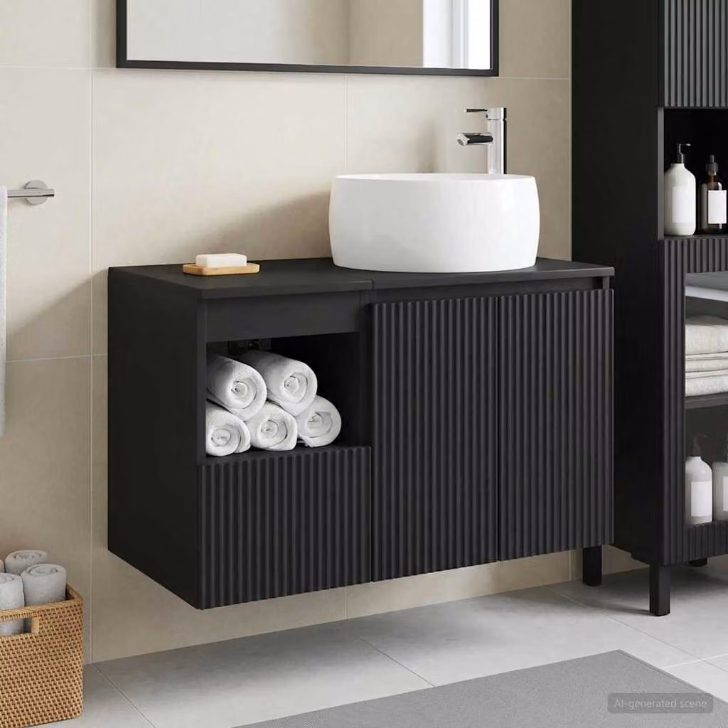 Set di mobili da bagno moderno vidaXL composto da mobile lavabo e pensile in MDF nero opaco