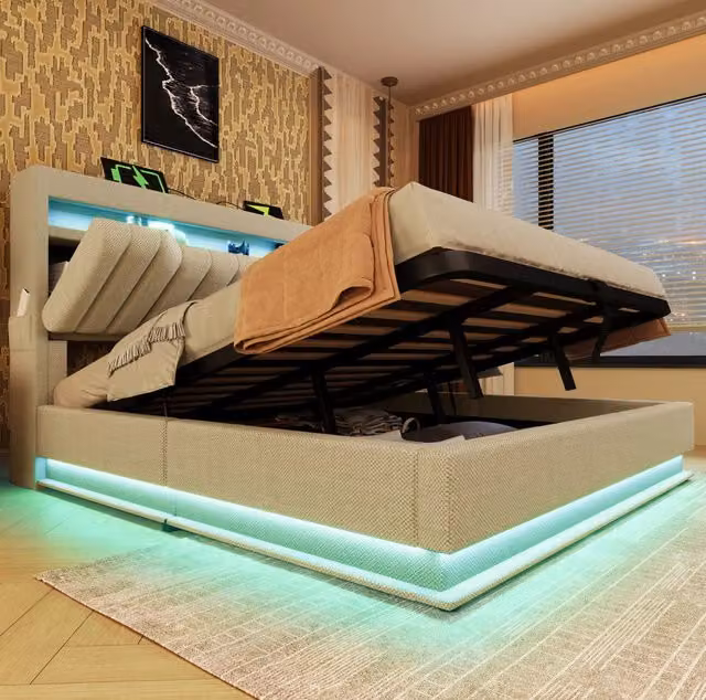 Letto matrimoniale 140x200 cm con contenitore; LED; USB e Type-C; in lino beige