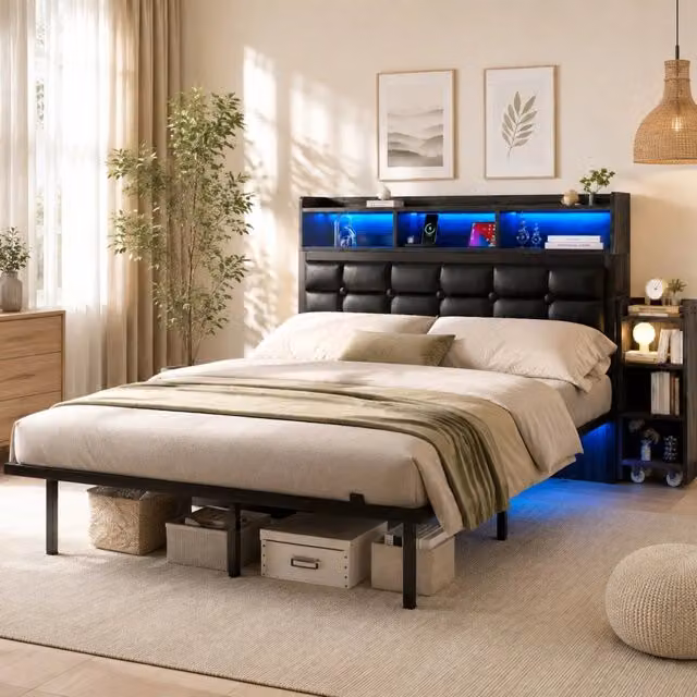 Letto matrimoniale ULEVR 140x190 cm con LED, 2 comodini scorrevoli, prese USB e Type-C, grigio e bianco