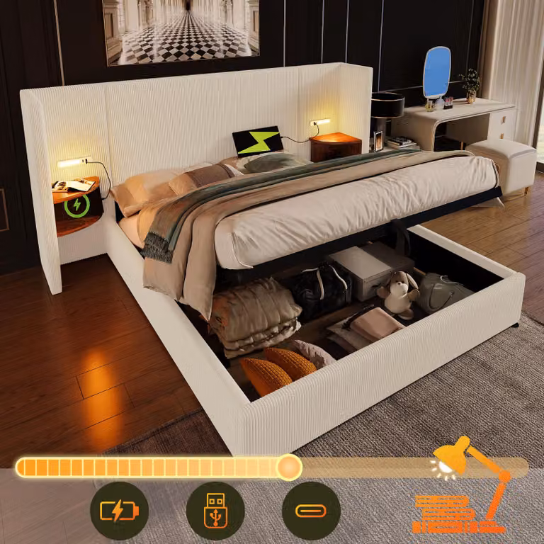 Letto imbottito matrimoniale 180×200 con comodino, lampada da lettura e USB Type-C, sistema letto contenitore, beige-bianco, senza materasso