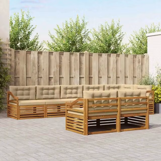 Set di divani da esterno a L vidaXL in legno di acacia con cuscini, beige e marrone