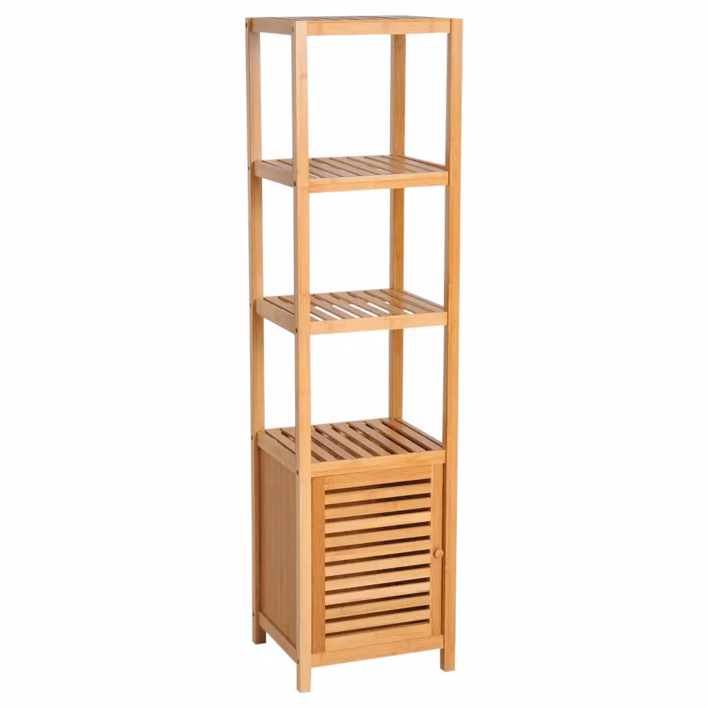 Colonna bagno salvaspazio moderna in legno marrone con 3 ripiani aperti e anta a lamelle, L: 36 cm, P: 33 cm, H: 140 cm – 2