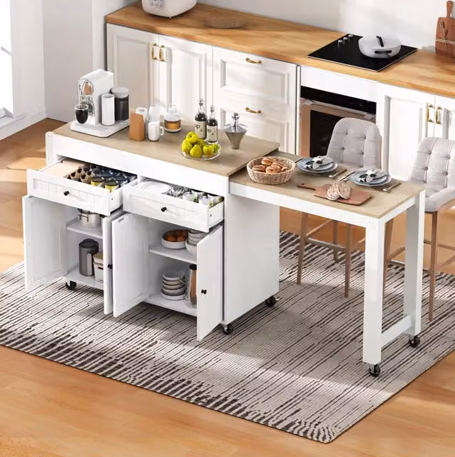isola cucina mobile bianca e naturale con piano allungabile e ruote