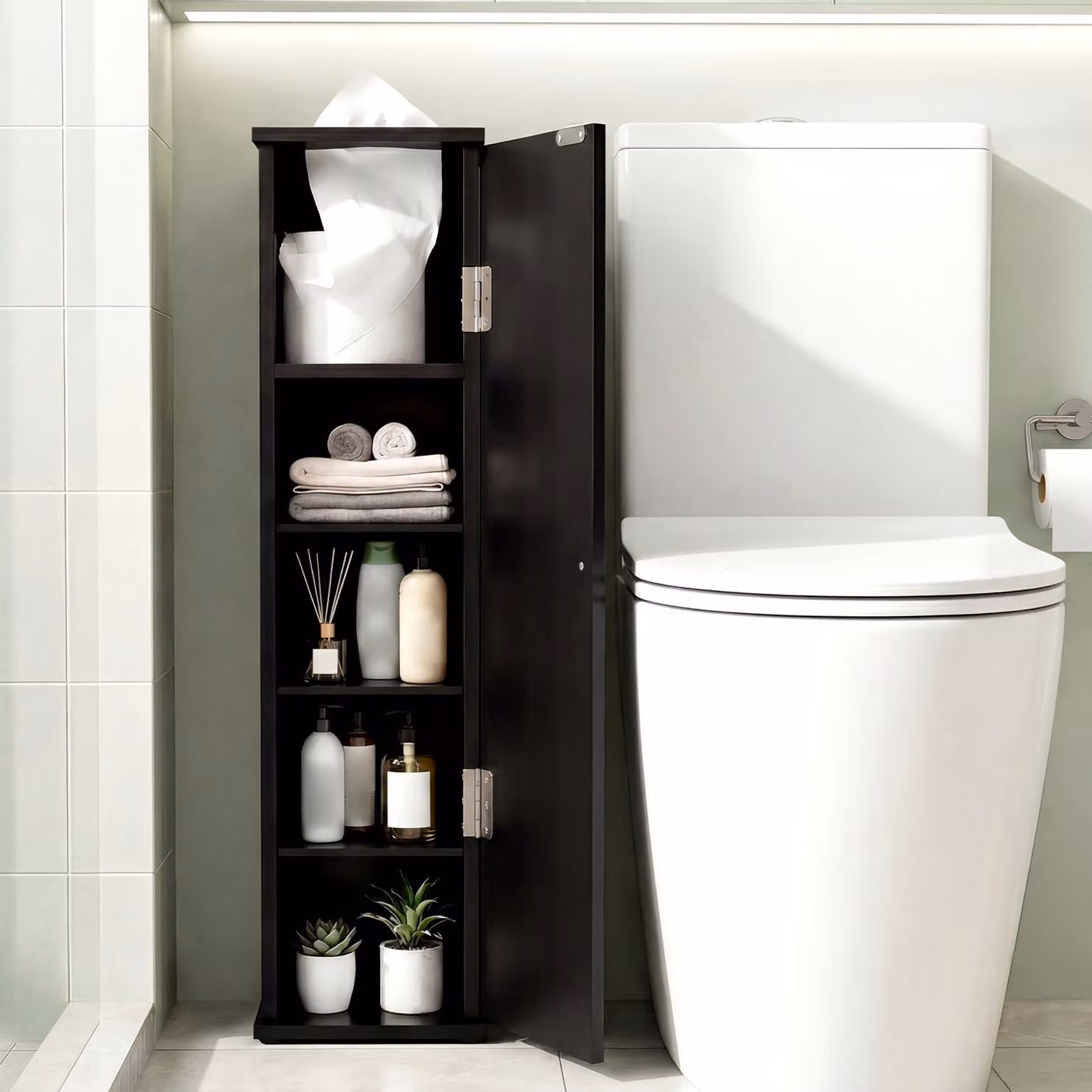 Set di 2 armadietti verticali Costway per bagno con mensole interne e ante a battente, colore nero opaco