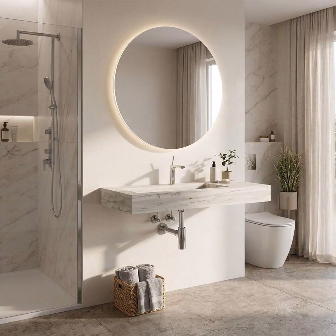 Lavandino bagno in hpl con vasca a sx rovere ghiaccio 100cm